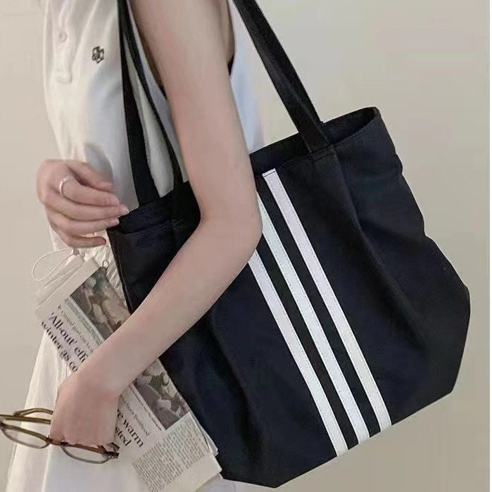 New Simple Striped Shoulder Bag Women's Fashion Large Capacity Totes Student Class Messenger Bag