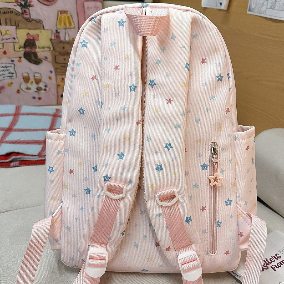 Cute Pastel Star Print Backpack for Girls, Soft Nylon School Bag with Front Pocket and Charm Design, Perfect for Elementary Students