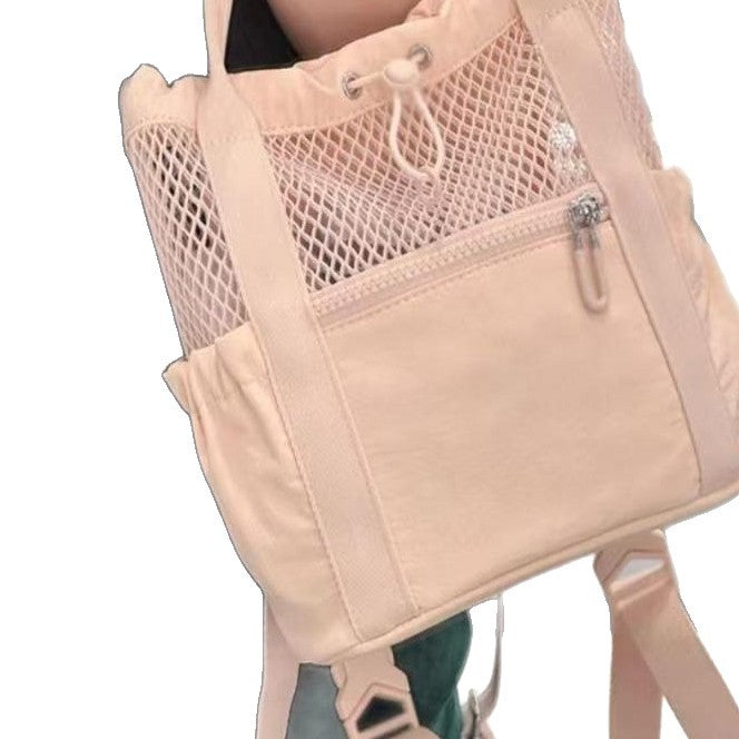 Chic Mesh Drawstring Tote Backpack for Women - Breathable Casual Style with Zippered Pocket and Adjustable Straps