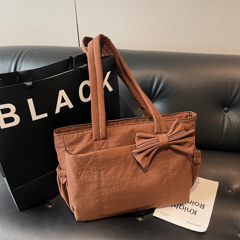 Chic Bow Detail Tote Bag with Large Capacity and Soft Cotton Fabric for Daily Use