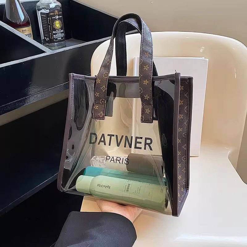 Transparent Waterproof Cosmetic Bag with Fashion Monogram Handles, Large Capacity Travel Toiletry Organizer for Men and Women