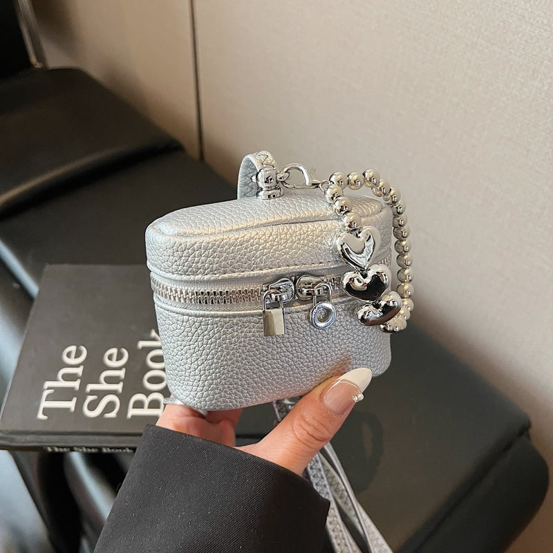 Chic Mini Box Bag with Heart Charm Chain for Women, Casual Urban Style Crossbody Handbag