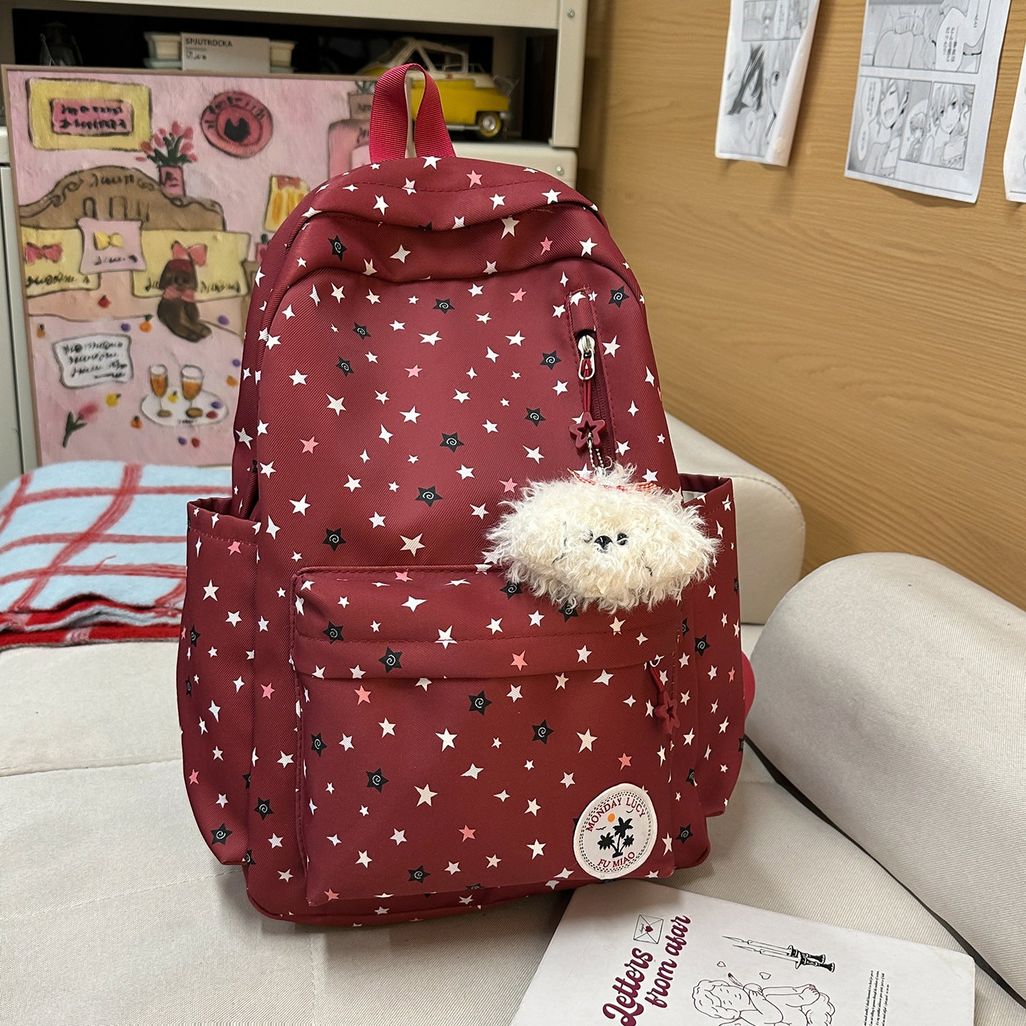 Cute Pastel Star Print Backpack for Girls, Soft Nylon School Bag with Front Pocket and Charm Design, Perfect for Elementary Students