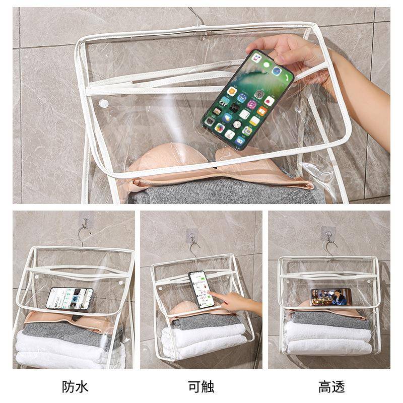 Waterproof Transparent Shower Hanging Bag with Touchscreen Phone Pocket for Bathroom Storage