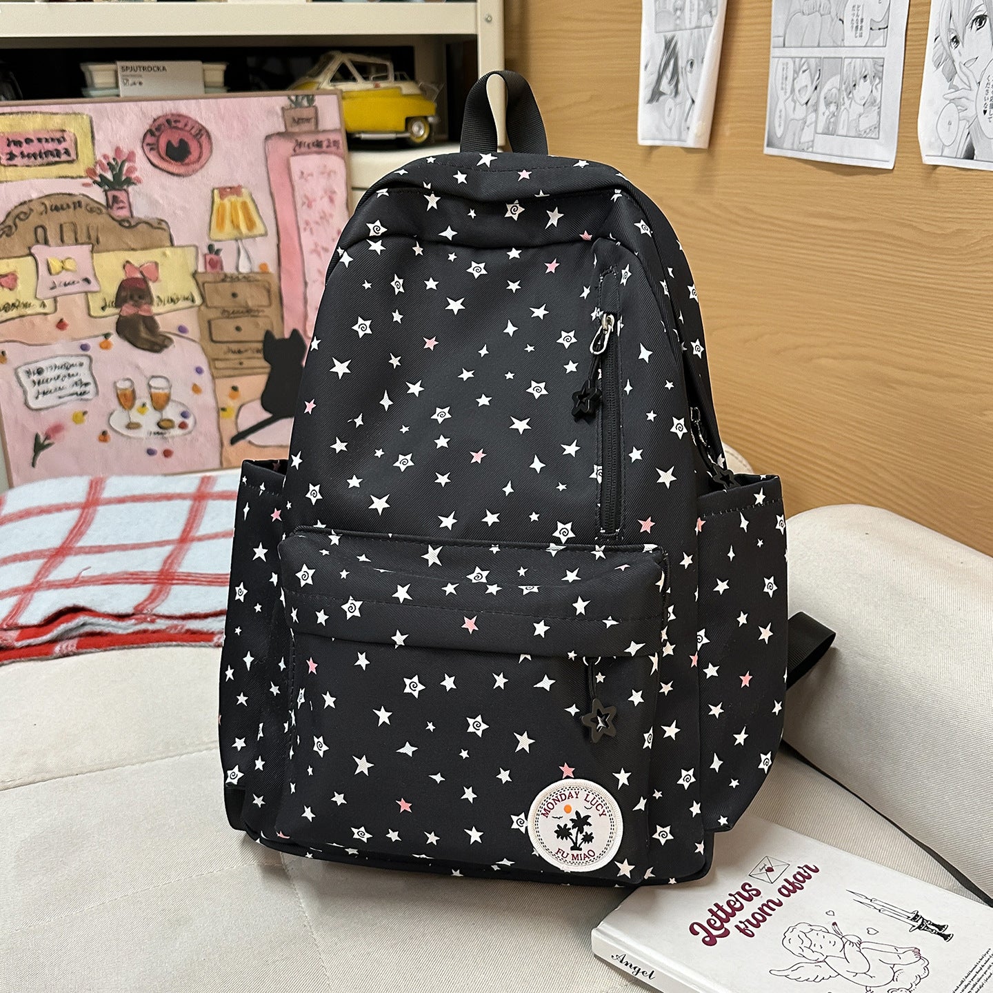 Cute Pastel Star Print Backpack for Girls, Soft Nylon School Bag with Front Pocket and Charm Design, Perfect for Elementary Students