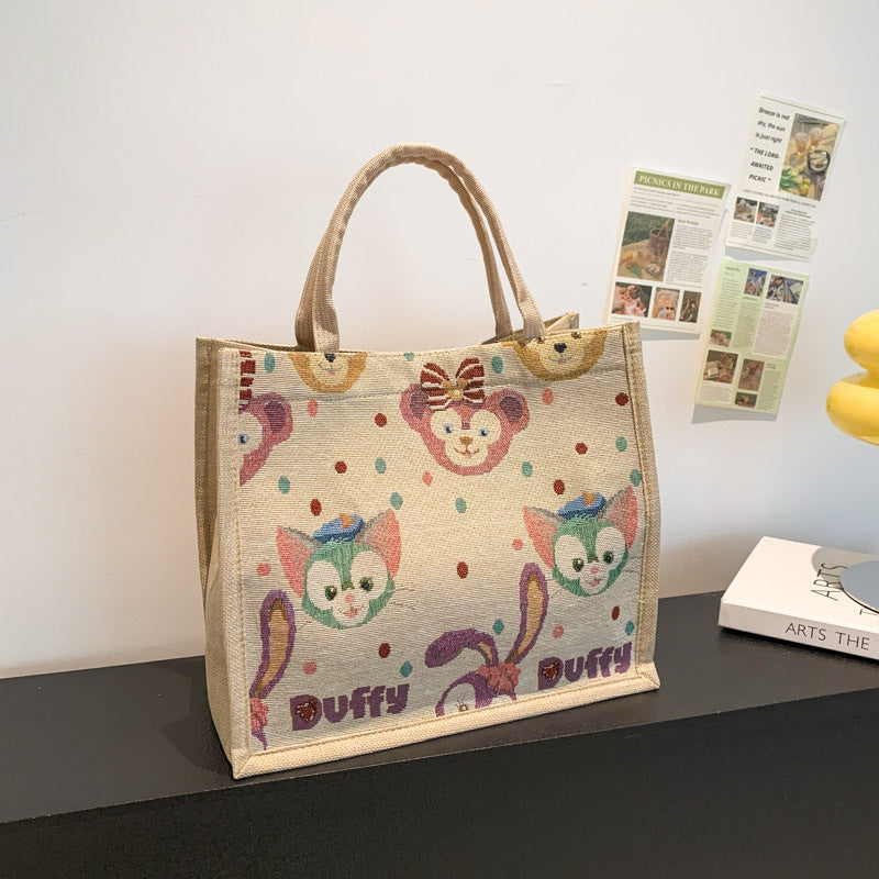 Cute Printed Cotton and Linen Women's Handbag with Duffy Character Pattern Large Capacity Buggy Bag