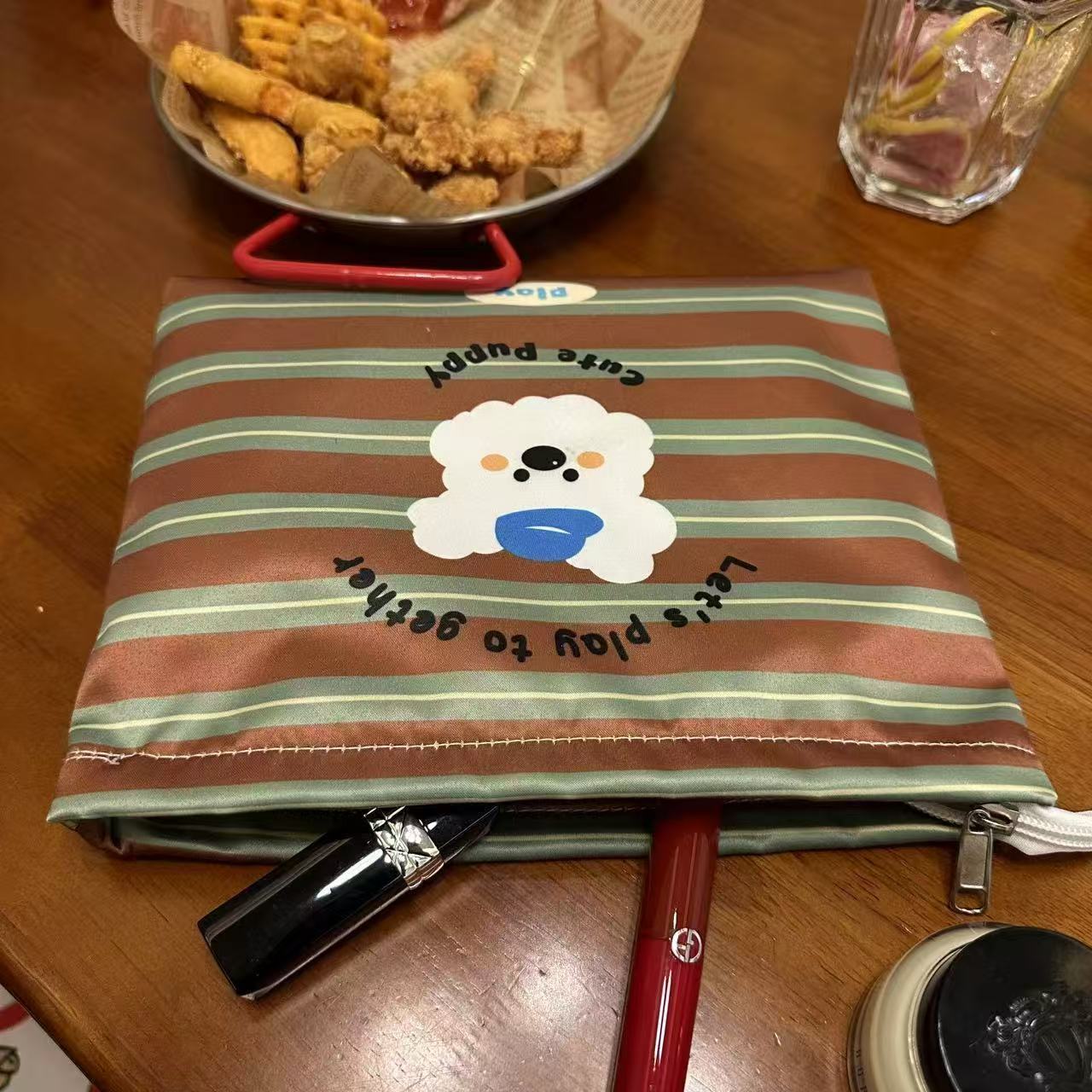 Cute Puppy Striped Make-Up Bag Zippered Large Capacity Travel Toiletry Bag