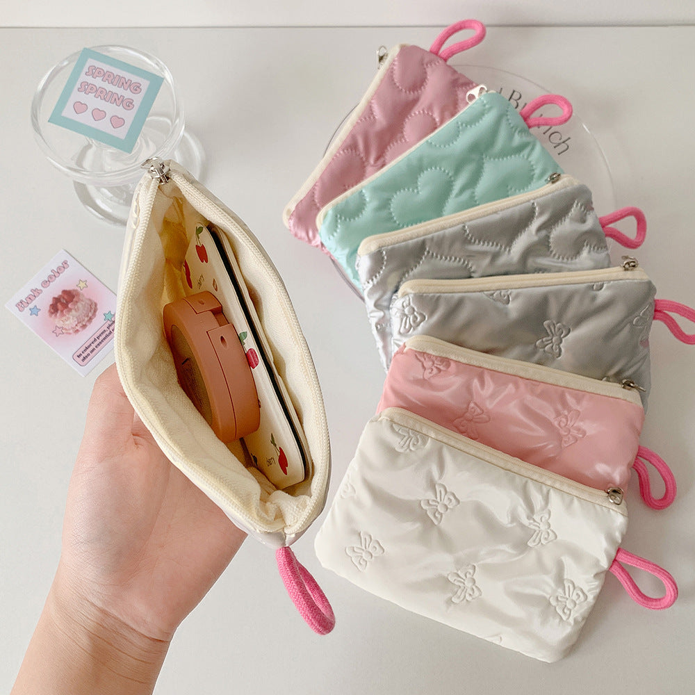 Cosmetic Bag Women Bow Silver Shiny Surface Portable Carry-on Bag Earphone Data Cable Storage Coin Purse