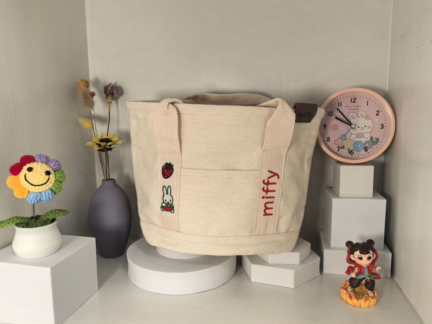 Miffy Cartoon Canvas Tote Bag for Women, Casual Everyday Handbag with Zipper Closure and Phone Pocket