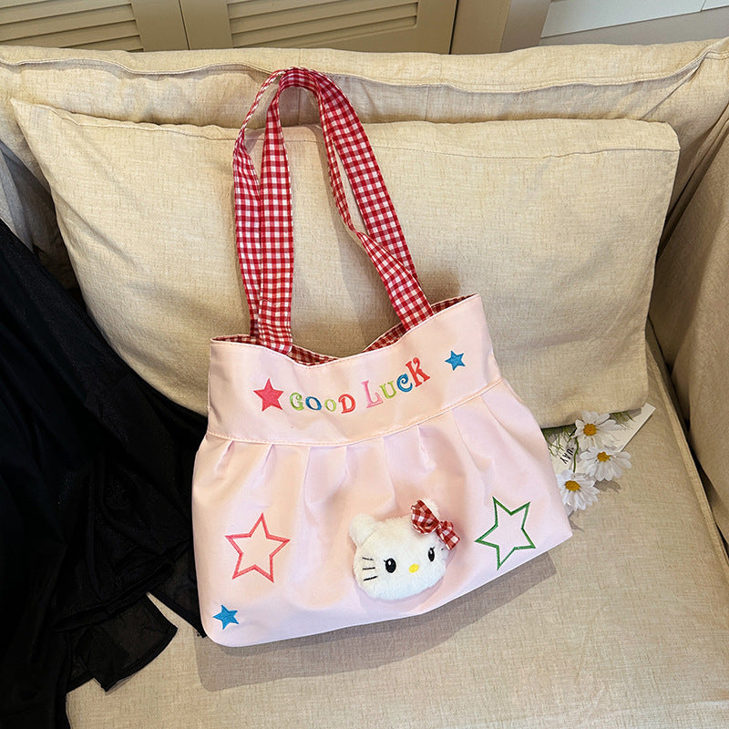 Cute Korean Style Versatile Kitty Pleated Handbag Women's New Large Capacity Commuter out Shoulder Bag
