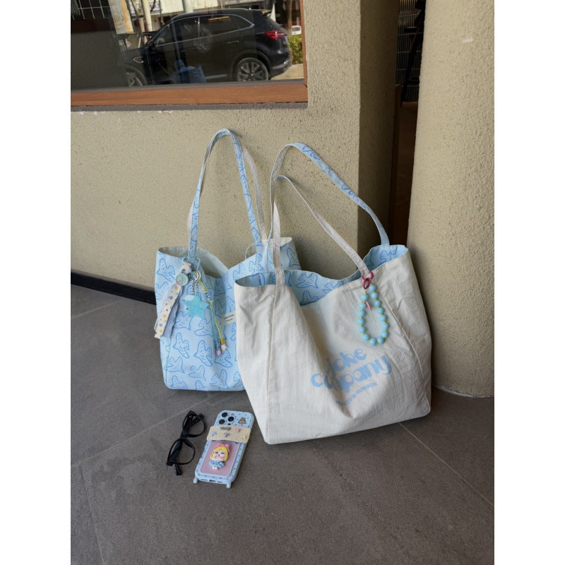 2026 New Spring Fresh Style Large Capacity Tote Bag with Bird Print, Dual-Sided Reversible Design for Casual Travel and Daily Use