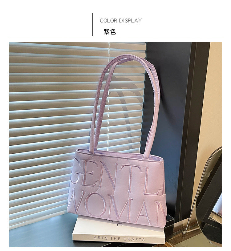 Elegant Embroidered Letter Tote Bag for Women, Stylish Satin Design with Double Handles and Zipper Closure