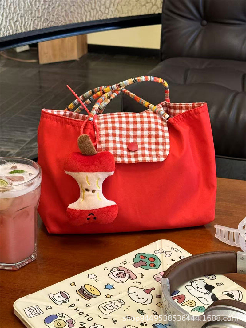 New Korean Style Large Capacity Red Shoulder Portable Checked Canvas Bag Versatile Student Commute Leisure Tote Bag for Women