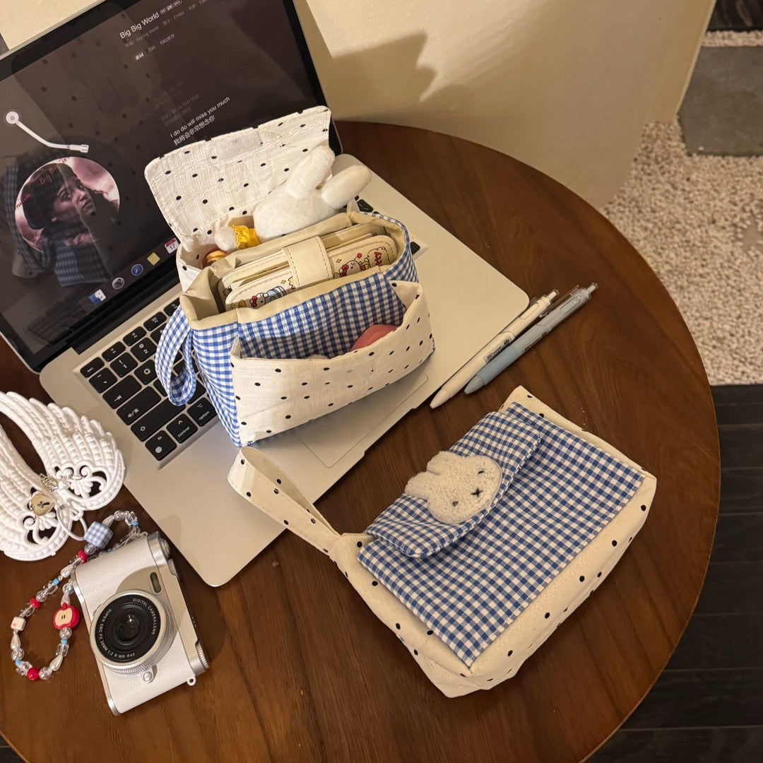 Cute Rabbit Applique Checkered Cosmetic Organizer Bag with Polka Dot Design for Daily Use