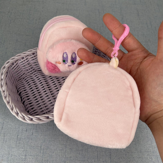 Cute Plush Kirby Character Zipper Pouch with Keychain - Adorable Cartoon Design for Daily Use