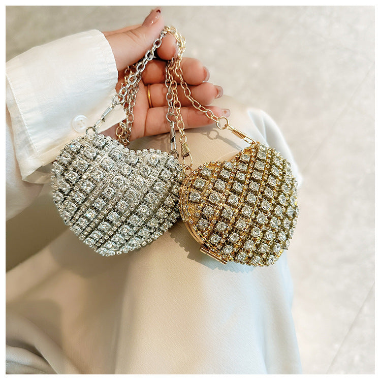 Elegant Heart-Shaped Crystal Clutch Bag with Chain Strap for Evening Parties and Special Occasions
