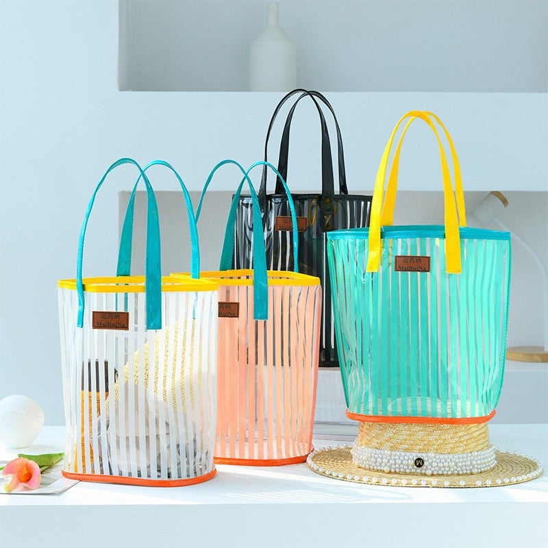 Transparent Foldable Cosmetic Bag with Stripes - Waterproof & Portable Storage for Makeup and Toiletries