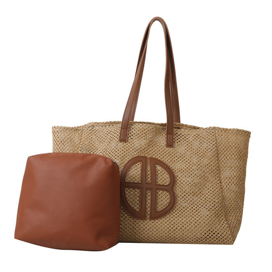 Woven Bag Women's New Partysu Contrast Color Straw Fashion Trendy One-Shoulder Handbag