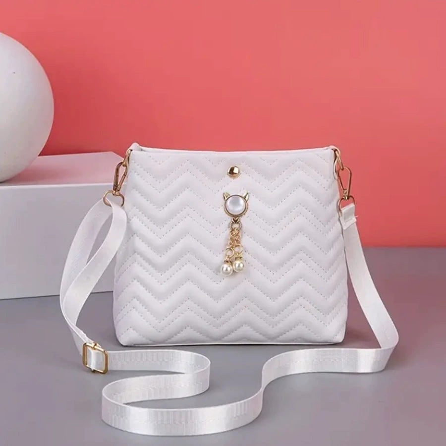 Chic Chevron Quilted Crossbody Bag with Cat Pearl Charm and Magnetic Closure for Daily Fashion