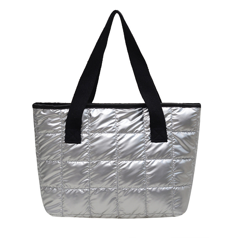 Underarm Bag Women's New Checkered Stitching Handbag Space Cotton Large Capacity down Jacket Tote Bag