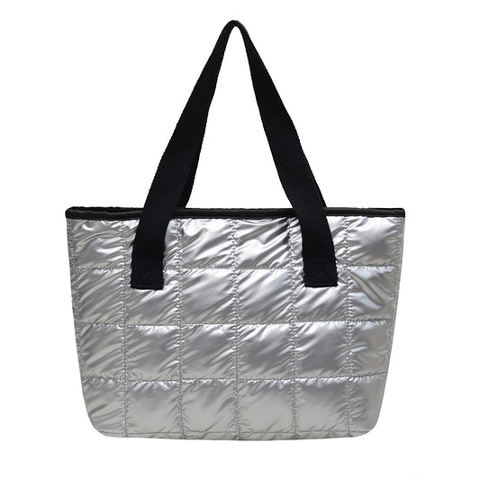 Underarm Bag Women's New Checkered Stitching Handbag Space Cotton Large Capacity down Jacket Tote Bag