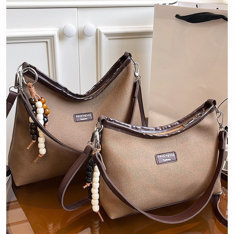 Chic Color-Blocking Canvas Shoulder Bag with Beaded Charm for Women, 2025 Summer Trendy Casual Tote