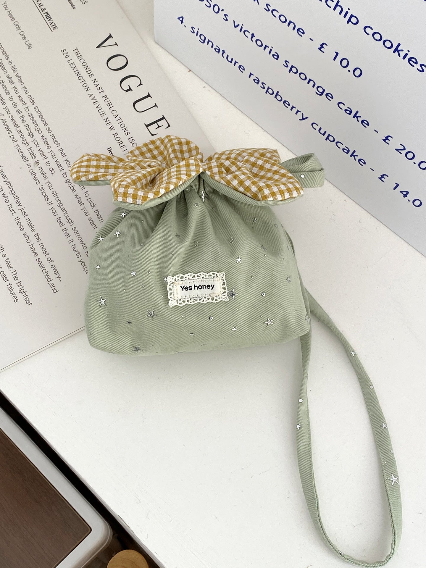 Cute Denim Flower Drawstring Crossbody Bag with Gingham Bloom, Korean Style Casual Phone Pouch for Daily Outings