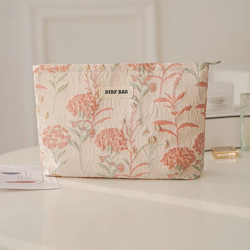 Cream Style Embroidered Flower Women's Cosmetic Bag Large Capacity Zipper Design Daily Portable Hand Buggy Bag