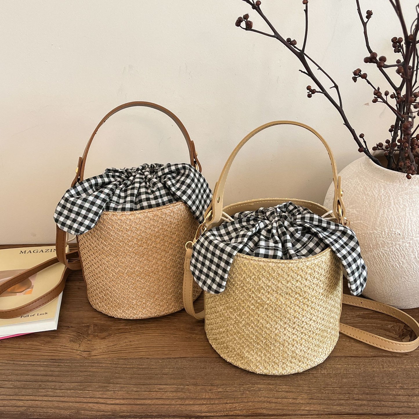 Sweet Style Straw Bucket Bag Women's Summer New Bow Drawstring Design Shoulder Messenger Bag