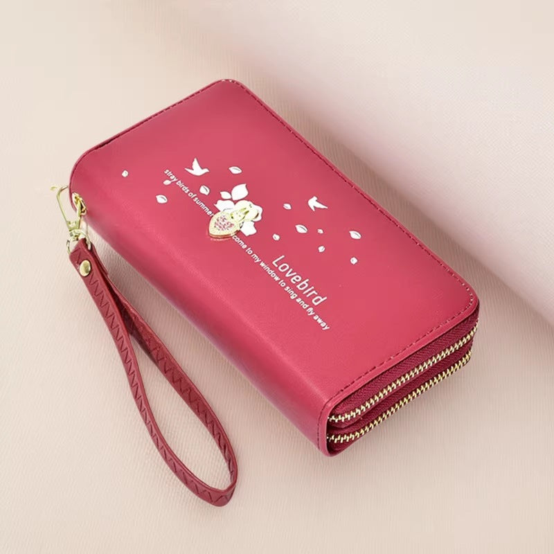 Cute Lovebird PU Wallet with Rhinestone Heart, Double Zipper, Wrist Strap & Card Slots for Women