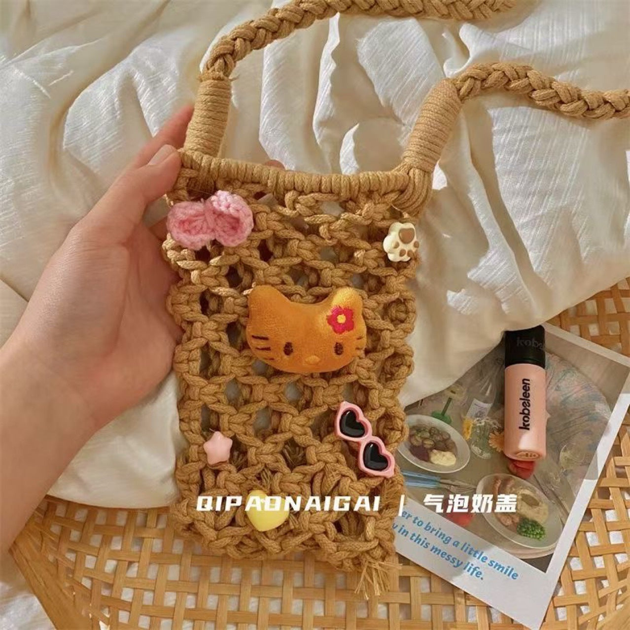 Cute Hawaiian Style Handmade Knitted Messenger Bag Playful Daily Vacation Versatile Mini Phone Bag