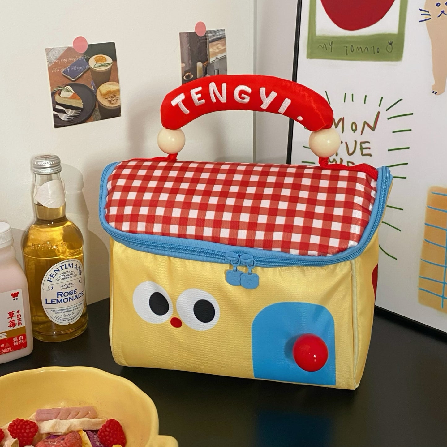 Cute Cartoon Cat Lunch Bag with Lucky Handle, Portable Insulated Food Storage Pouch for Daily Use