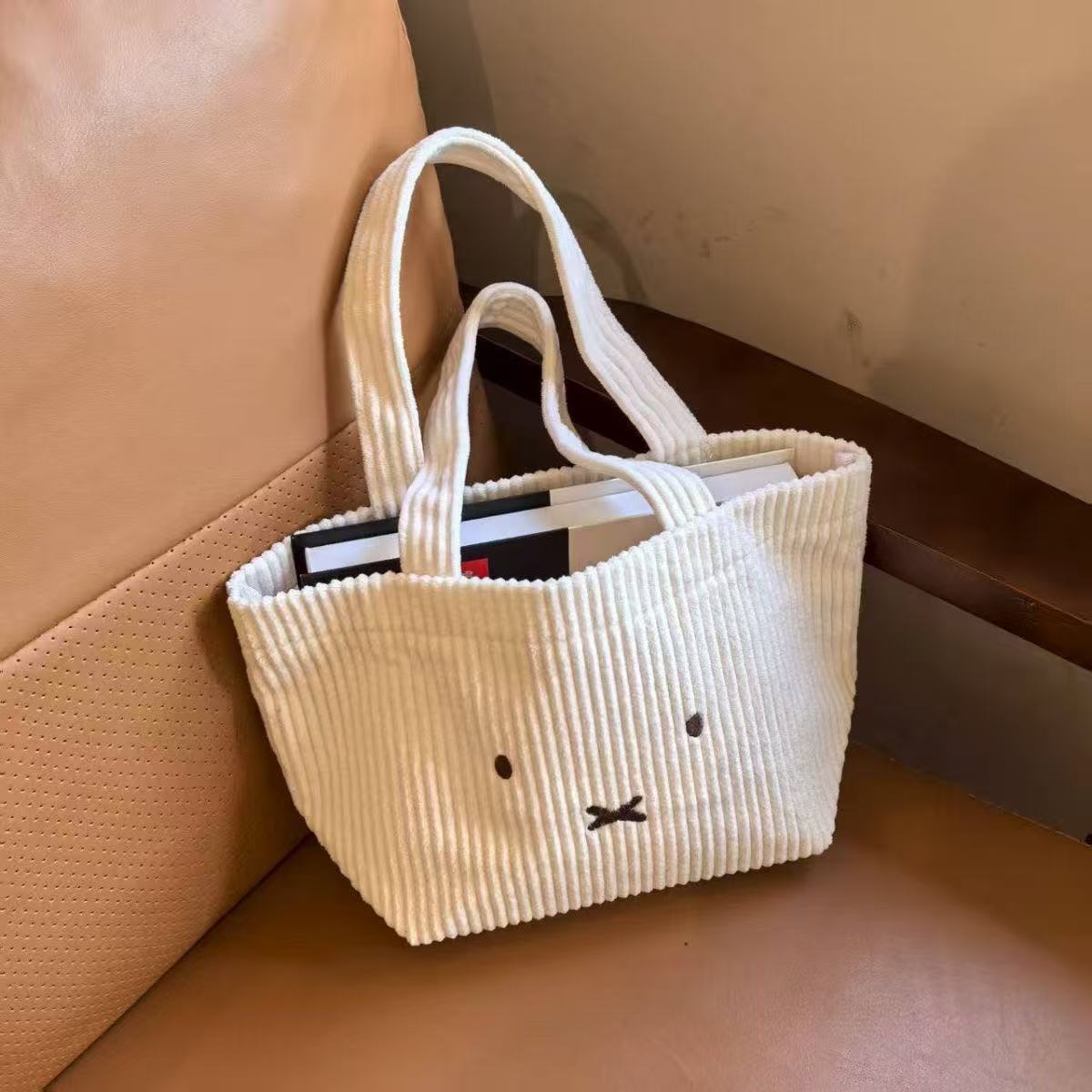 Cute Rabbit Embroidered Corduroy Tote Bag with Large Capacity and Soft Design for Daily Use