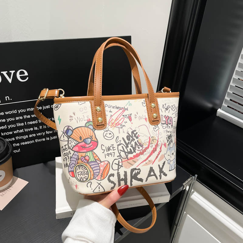New Cartoon Bear Graffiti Large-Capacity Bucket Bag Fashion Casual Portable Tote Bag Everyday Joker Trendy Item
