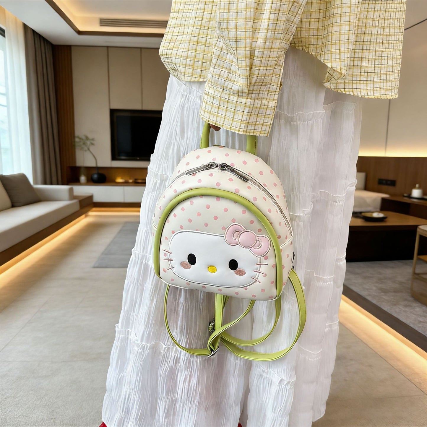 Cute Hello Kitty Backpack with Polka Dot and Checkered Design, Fashionable Kawaii Style for Daily Use and Outings