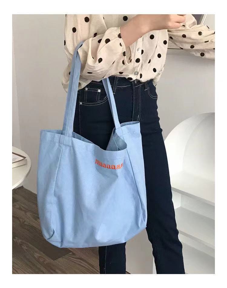 Cute Candy Color Canvas Tote Bag with Letter Print and Fluffy Charm for Daily Use and School