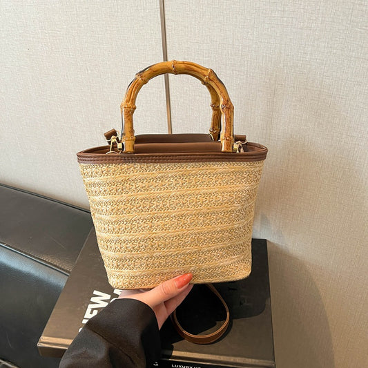 Summer New Fashion Bamboo Handle Woven Bucket Bag, Casual Minimalist Straw Handbag with Elegant Design