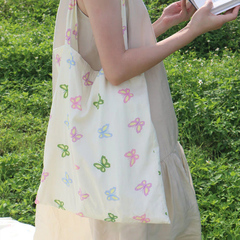 Cute Butterfly Print Canvas Tote Bag for Students and Daily Commute, Large Capacity Shoulder Bag with Trendy Design