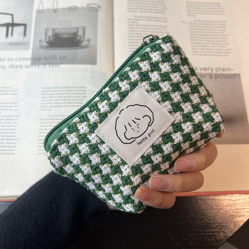 Japanese Style Simple Small Wallet Girls' Woven Plaid Fabric Bag Mini Zipper Coin Pocket