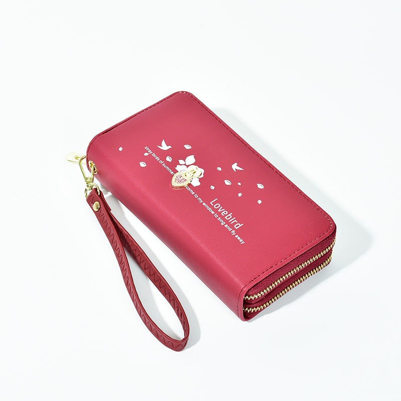 Cute Lovebird PU Wallet with Rhinestone Heart, Double Zipper, Wrist Strap & Card Slots for Women