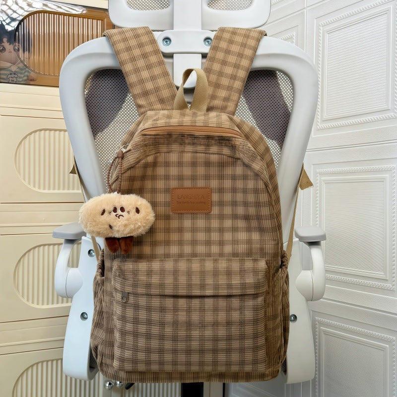 Retro Plaid Corduroy Backpack with Breathable Design for Students, Lightweight and Stylish School Bag with Adjustable Padded Straps