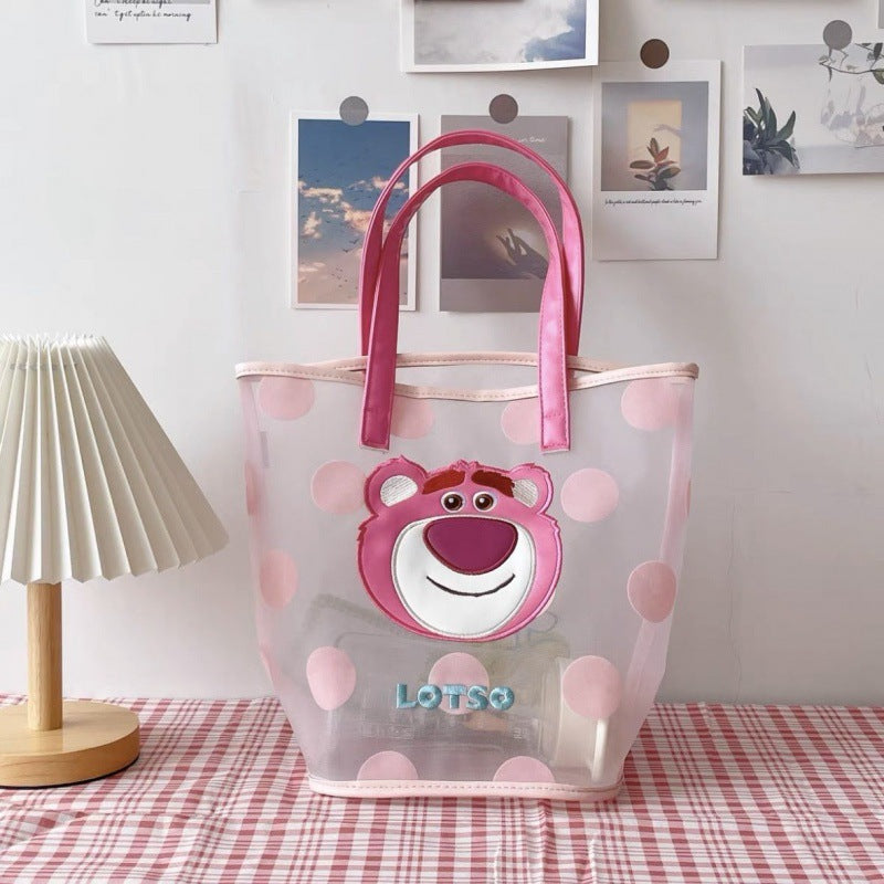 Cute Bear Embroidered Transparent Mesh Tote Bag for Daily Use and Beach Outings