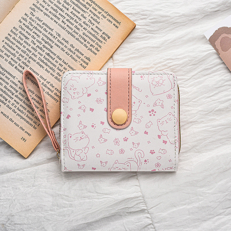 Simple Cute Kitten Japanese Style Women's Buckle Coin Pocket Portable Belt Women's Multi-Functional Short Wallet Wallet Card Holder