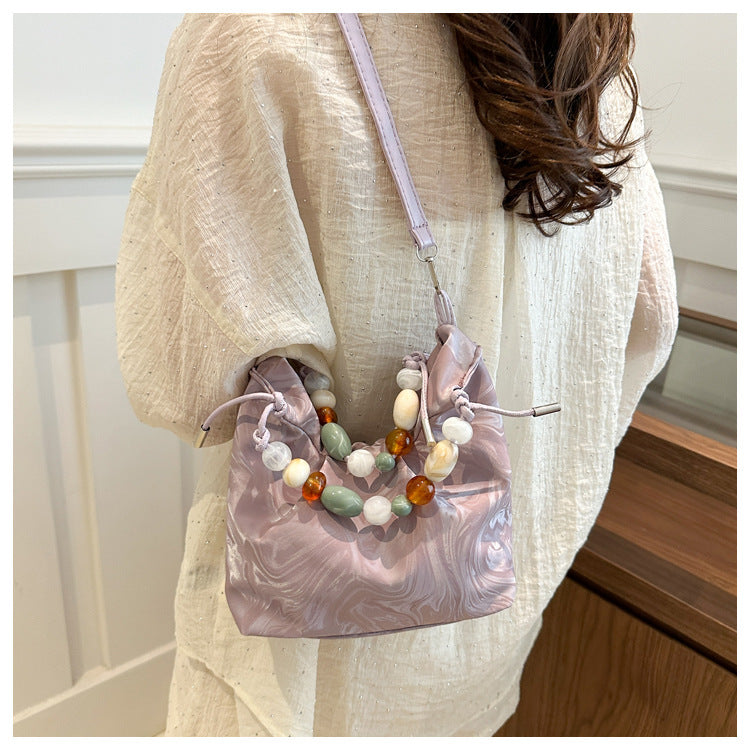 Elegant Marbled PU Bucket Bag with Beaded Handle, Minimalist Crossbody Design for Daily Wear
