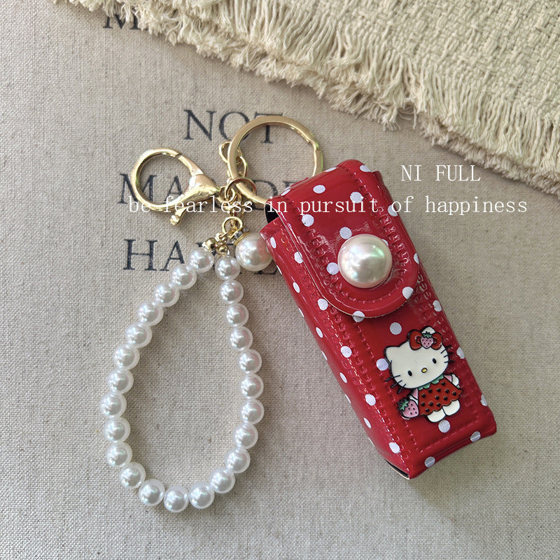Korean Style New Retro Dots Cartoon Cat Lipstick Pack Pearl Exquisite High Sense Versatile Pendant Keychain for Women