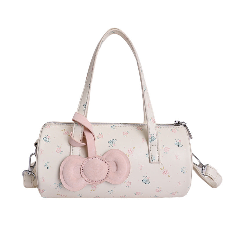 Cute Floral Cylinder Bag with Bow Detail, Fashionable Crossbody Tote for Daily Use