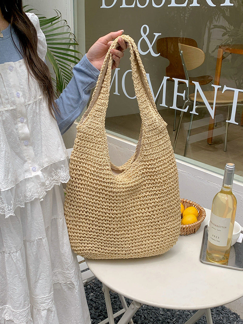 New Boho Style Straw Weave Tote Bag Large Capacity Casual Shoulder Handbag Ethnic Design for Daily Use