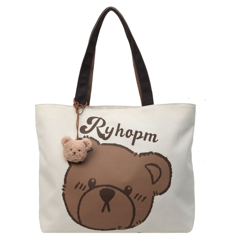 Cute Bear Print Tote Bag with Pom-Pom Charm, Large Capacity Canvas Shoulder Bag for Daily Use and School