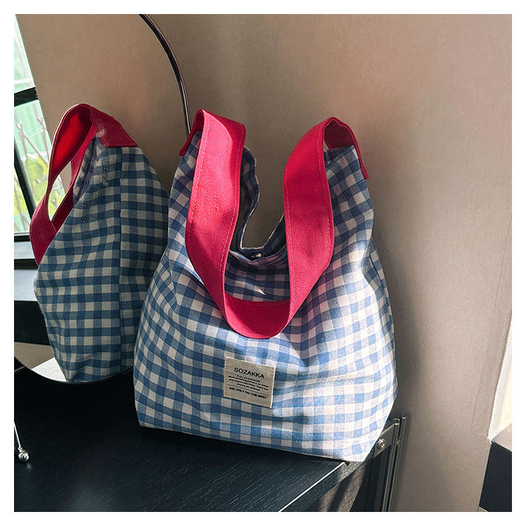 Cute Checkered Canvas Tote Bag with Colorful Handles for Daily Use and Shopping