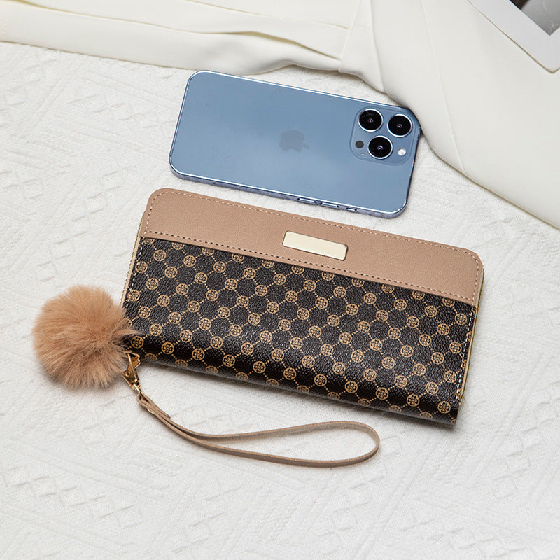Stylish Long Zipper Wallet with Pom-Pom Charm and Multiple Card Slots for Women